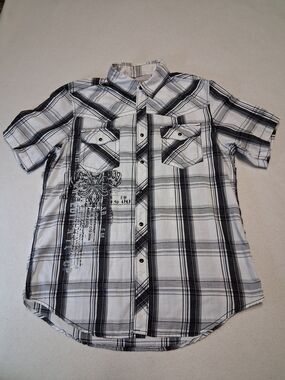 Machine Wsstern Grunge Men's Black & White Plaid Short-Sleeve Button-Up Shirt